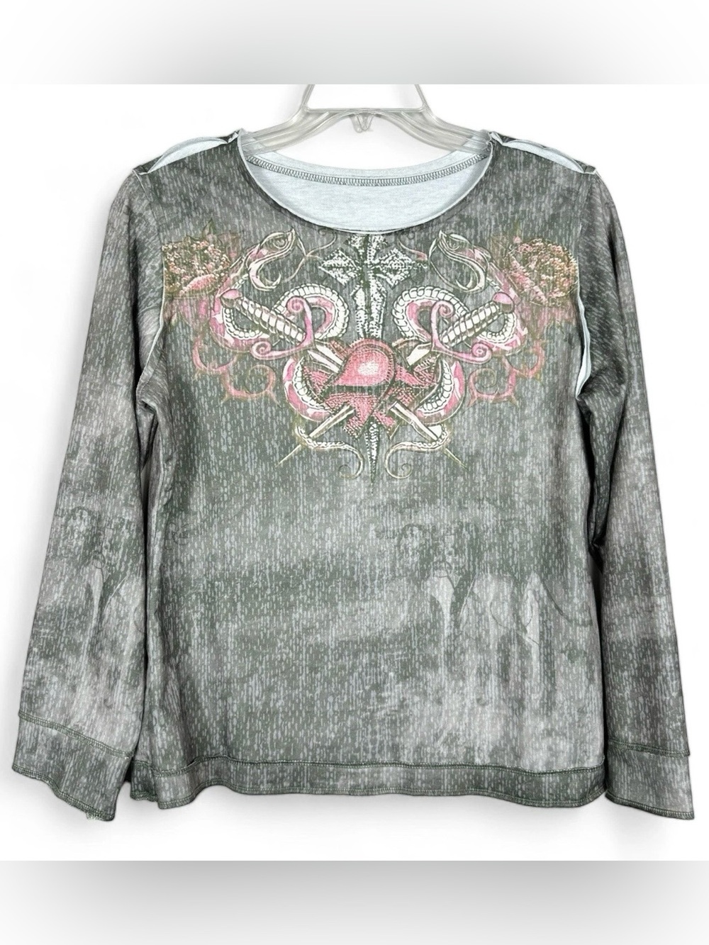 Womens Long Sleeve Sweatshirt Womens L Large Green Gray Brown Graphic Print
